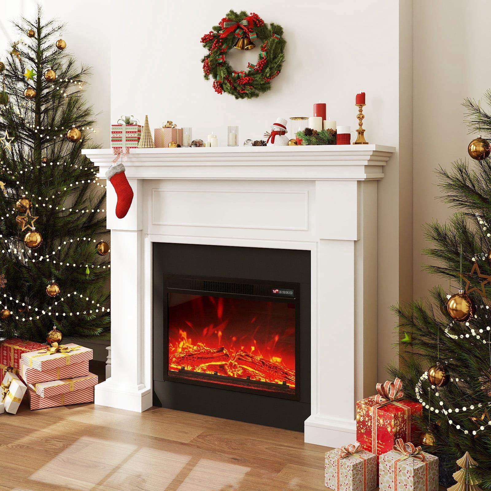 FURRYFECTION 48" Electric Fireplace with Mantel, 23" Freestanding Fireplace Heater TV Stand with Adjustable 3D Flame, Remote Control, 1500W, White