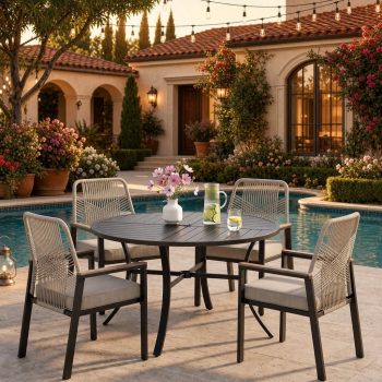 Sophia & William -Piece Outdoor Patio Dining Set Metal Rattan Chairs and Steel Round Table