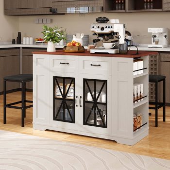 DEXTRUS Kitchen Island with Seating & Drop Leaf, Kitchen Island on Wheels with Doors & Drawers