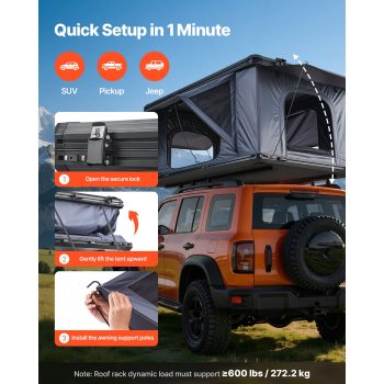 KFFKFF Hard Shell Rooftop Tent, 2-3 Person Aluminum Roof Tent with LED Lighting, Comfortable Mattress & Dual Windows, Weather-Resistant Camping Tent for Car Roof Racks on SUVs, Jeeps, and Trucks