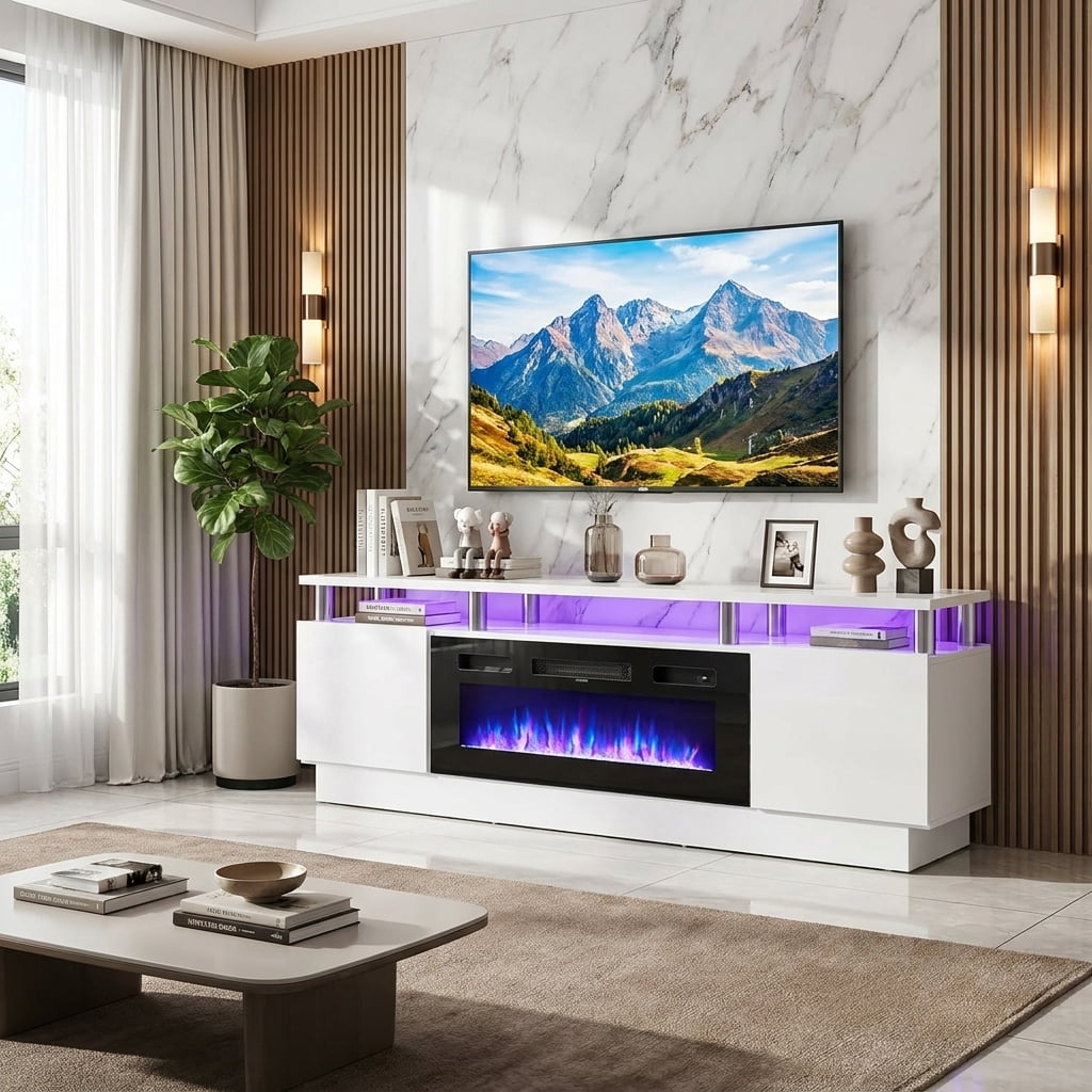 Easoger Fireplace TV Stand, Entertainment Center for TVs up to 80", 70” TV Stand with 36'' Electric Fireplace, LED Lights Entertainment Center, TV Console