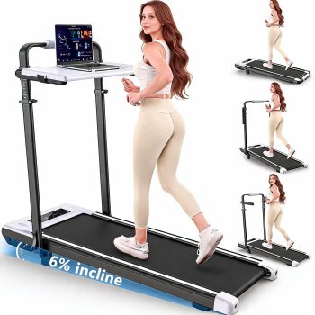 Kismom 3-in-1 Under Desk Treadmill with Height-Adjustable Desk, 300lbs Capacity Walking Pad,7.5 MPH Folding Running Machine,LED Touch Screen & Remote Control,No Assembly Required,Home Office Workout