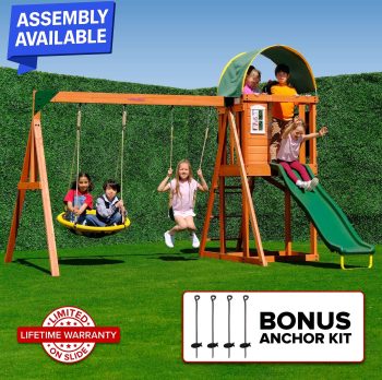 Sportspower Amelia Wooden Swing Set with 2-Person Saucer Swing, 6' Blow Molded Slide, Swing, Play Fort, Heavy Duty Double A-Frame, Lifetime Warranty on Slide