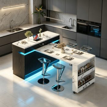 JassmiPkwy Kitchen Island with Extendable and Rotating Tabletop, Marble Bar Table with Storage, 4 Seater Kitchen Islands, Island Dining Table