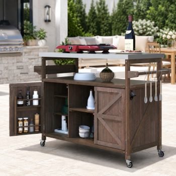 DEALTOPS Outdoor Kitchen Island Rolling Bar Cart, Wood BBQ Grill Prep Table with Stainless Steel Top