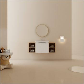 JERFIT 48 inch White Modern Bathroom Vanity with Ceramic Sink, Soft Close Doors and 2 Storage Shelves, Wall Mounted Plywood Cabinet