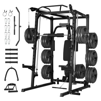 Smith Machine & Squat Rack Cable Machine & Chest Fly Station for Home Gym, Cable Crossover Chest Fly, Power Cage All in One for Squat Lat Pulldown Body Strength Training (No Dumbbell Plates)