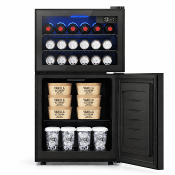 Snowyermine 2-in-1 Beverage Refrigerator with Bottom Freezer, Compact Dual-Zone Mini Fridge with Glass Door & LED Light, Freestanding for Home, Office, Dorm
