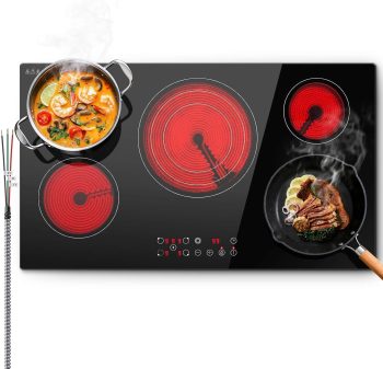 36 inch Electric Cooktop 5 Burners 9000W Built-in Glass Ceramic Electric Stove Top with Touch Control 9 Power Levels Child Lock Triple-Ring Zone 240V Hardwired for Kitchen Countertop 36"