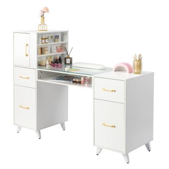 Zimtown 55"L*19"W*44"H Makeup Nail Desk Modern Salon Manicure Table for Nail Tech Glass Top