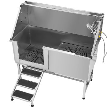 KFFKFF Stainless Steel Pet Grooming Tub, 62 inch Washing Station with Stairs, Water Filter Board, Faucet, Showerhead, and Soap Holder for Pets of All Sizes (Left Door)