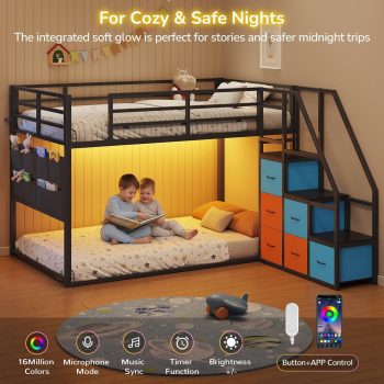 Twin Over Twin Bunk Beds with LED Lights, Low Bunk Bed Frame with 6 Storage Drawers and Pocket Organizer for 2 Teens, Twin Metal Bed Frame with Reversible Storage Staircase