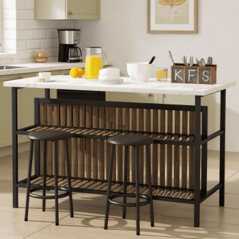 Cvortll Kitchen Island with Seating and Storage, 47.2" Wooden Counter Height Bar Table with 2 Stools, Space Saving Dining Table Set for Small Apartment or Bistro