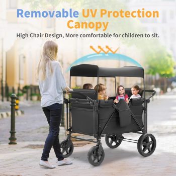 ICEELF Stroller Wagon for 4 Kids, 4 Seater Wagon Stroller with 4 High Seats, 5-Point Harnesses, Adjustable Canopy, Foldable Double Push Bar, Large Storage Space for Camping, Travel, Park