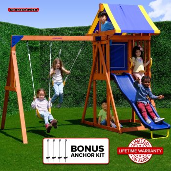 SportspowerAsher Wooden Swing Set with 2 Belt Swings, Rock Climber, Roofed Play Fort, Heavy Duty Double A-Frame, Lifetime Warranty on 6ft Slide & Bonus Anchor Kit