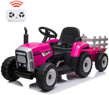 12V Kids Battery Powered Electric Tractor with Trailer, Toddler Ride On Car w/Remote Control, 7-LED Headlights, 2+1 Gear Shift, MP3 Player USB Port for Kids 3-6 Years (, )