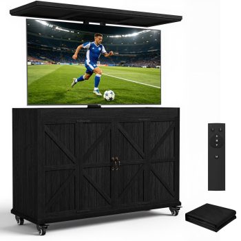 HABUTWAY Motorized TV Lift Cabinet on Wheels Outdoor Weatherproof Solid Wood, Fits 32-65" Screens, Adjustable 28-68"