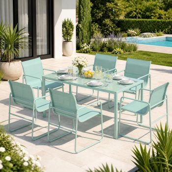 Vitarpatio 7 Piece Outdoor Patio Dining Set with 6 Textilene Chairs and Rectangular Glass Table, Modern Outdoor Furniture Set Patio Table and Chairs Set Balcony Furniture for 6 Persons
