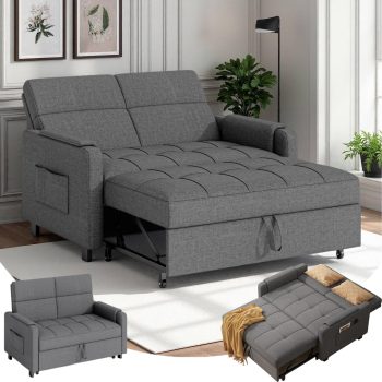 Sofa Bed, Lofka 3 in 1 Convertible Sleeper Loveseat, 50" Pull Out Couches with Adjustable Backrest for Living Room Apartment, Linen, Dark Gray