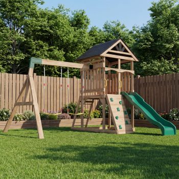 Clouddwell Wood Swing Set with Wave Slide, Play Deck, Rock Wall Ladder, Belt Swings, Chalkboard, Canopy Roof, Outdoor Playset