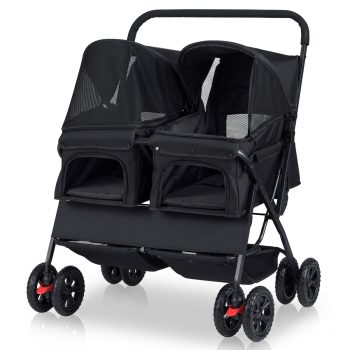 Vebreda Foldable Double Pet Stroller with Adjustable Sunshade and Storage Basket, Dual-seater Carrier, Excellent Durability, Easy Maneuverability