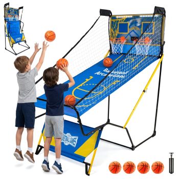 Foldable Dual Shot Basketball Arcade Game with LED Electronic Scorer, 4 Mini Basketballs & Hand Pump Included, Two-Player Indoor Shooting Game for Kids Teens Family Game Night