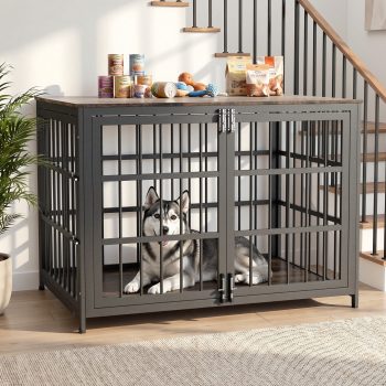 YOKWOK 42 Inch Heavy Duty Dog Crate Furniture, Large Dog Kennel with 6 Locks & & Double Door, Escape-Proof Indoor Dog Cage for Large Dogs, Chew Resistant Metal Dog House