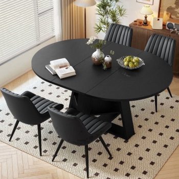 Hawsaiy Extendable Round to Oval Dining Table Set for 4–6, Space-Saving Wooden Table with Hidden Storage, Expandable Dining Table with Upholstered Chairs(+4 Chairs)