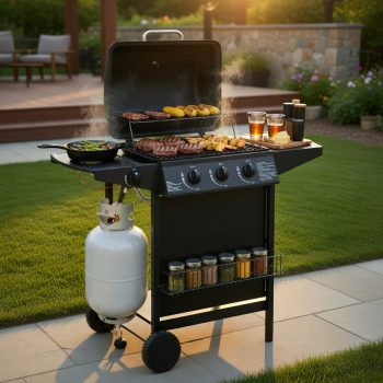 39,000 BTU Heavy-Duty Propane Gas Grill Wheels Black Stainless Steel Outdoor BBQ Grill for Patio & Backyard