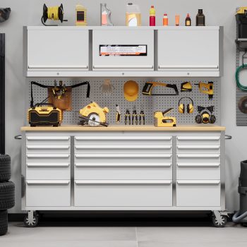 Heavy Duty 72 Inch Stainless Steel Tool Chest & Workbench - 24 Lockable Drawers - Sturdy Rubberwood Top - Rolling Storage Cabinet with Drawer Liners & Wheels for Garage, Workshop, Home