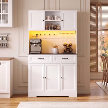 Asofer Kitchen Pantry Cabinet, Tall Storage Cabinet with Charging Station, LED Light, Microwave Stand, Farmhouse Hutch for Dining Room, White