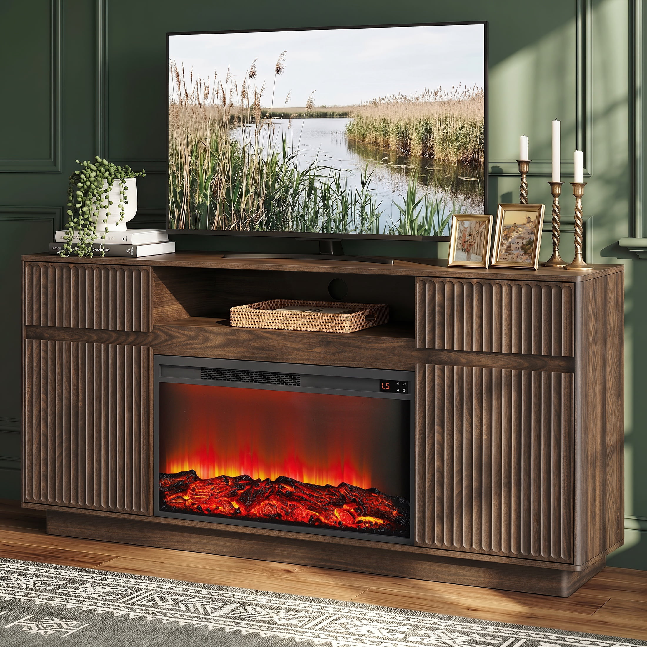 SESSLIFE Fireplace TV Stand for 70 Inch TV, 31'' Tall Mid Century Modern Fluted TV Stand with 30'' Electric Fireplace Heater, Entertainment Center with 2 Cabinets & Drawers