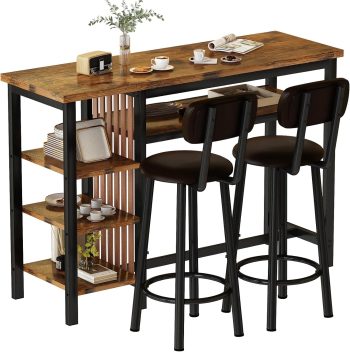 LinkRomat Bar Table Set, Modern Kitchen Dining Table with 4 Storage Shelves and 2 PU Back Stools for Kitchen and Breakfast Nook, NonExpandable