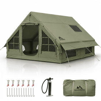 SENLEETO 4-6 Person Inflatable Tent, 129 SqFt Large Camping Tent with Stove Jack & AC Port – 4 Season Portable Blow Up Tent with Mesh Windows, Air Pump Included – Easy Setup for Family Glamping