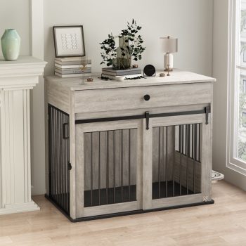 Laitimia Modern Wooden Dog Crate Furniture with Sliding Barn Door & Side Access, Rotating Feeder Kennel for Medium-Large Dogs, Farmhouse Style, Grey