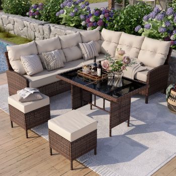 POTEBAN Outdoor Rattan 7-Piece Dining Set, Sectional Sofa Couch with Table & Chairs, All-Weather Conversation Set for Deck, Backyard