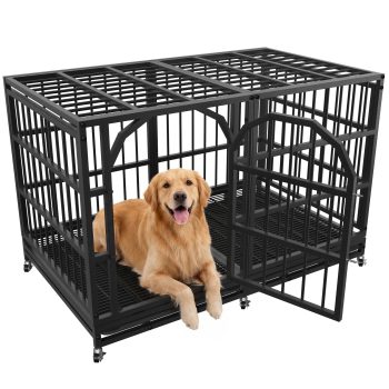 Cymbex 48 inch Heavy Duty Dog Crate for Large Dogs with Wheels Black Indestructible Escape-Proof Dog Kennel Cage for High Anxiety Dogs Indoor