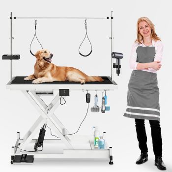 49.6'' X-Style Electric Dog/Pet Grooming Table, Adjustable Height 9.4-36.22'', Dual Arm & Loops, 330 lbs Capacity, Non-Slip Surface - White