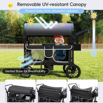 Reasea Stroller Wagon for 4 Kids,4 Seater Stroller Wagon with Adjustable Handles, 5-Point Safety Harness