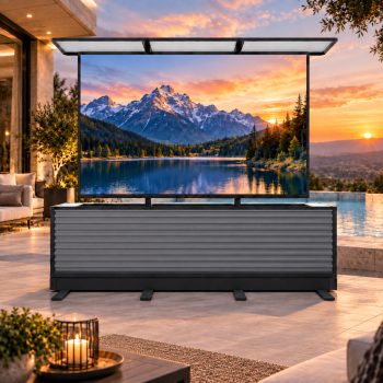 Intellicube 100" Dual Motion Outdoor TV Lift Cabinet, Motorized Split Design TV Stand with Eye-Level Viewing, Hidden TV Storage, Metallic Gray