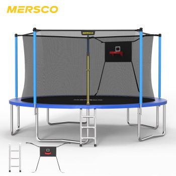 Mersco 14FT Kids Trampoline, ASTM Certified Heavy Duty Outdoor Trampoline with Safety Enclosure Net Basketball Hoop and Ladder for Backyard Family Fun, Jumping Trampoline PLAY