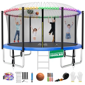 FIZITI 12FT 1000LBS Trampoline for Adults/Kids,Outdoor Trampoline with Enclosure Net,Basketball Hoop,Sprinkler,LED Light,Socks,Wind Stakes,Ladder,Recreational Trampoline for Backyard