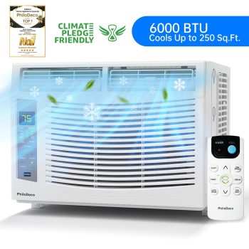 PhiloDeco BTU Window Air Conditioner Cool to 250 sq ft Intelligent, LED,Remote Control, Easy to Clean Filter Screen, Can Be Used as a Dehumidifier/Fan, Operates Quietly, and is Energy-Saving