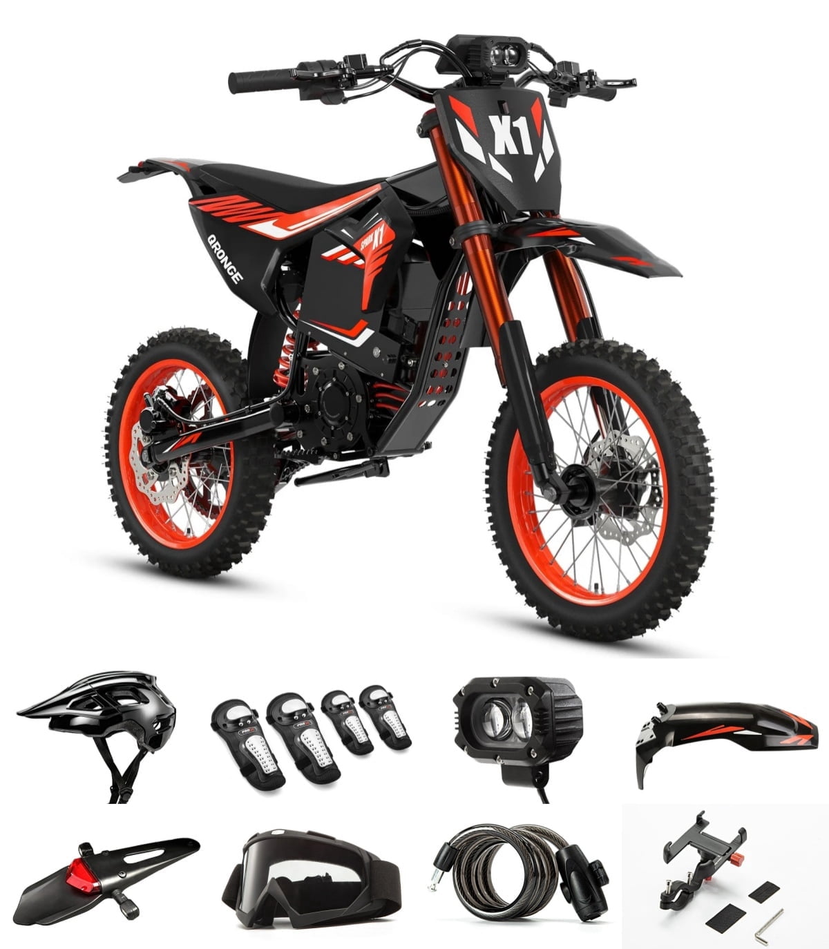 Qronge X1 Spark Electric Dirt Bike for Adults 4500W Peak, 60Miles Range & 50 mph, 60V 28.8AH Battery, Dual Hydraulic Brakes, Full Suspension, 14"/12" E-Dirt Bike with Accessory Pack, UL2849 by SGS