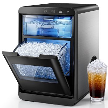Simzlife Nugget Ice Maker Countertop, 44lbs per Day Soft Chewable Pebble Nugget Ice Machine, One-Touch Self-Cleaning with Touch Screen for Home, Kitchen, Office, Stainless Steel, Black
