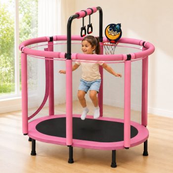 60" Kids Trampoline with Safety Enclosure Net, Basketball Hoop, Adjustable Gymnastics Bar and Rings, SHINPT Mini Indoor and Outdoor Trampoline