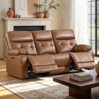 Bonzy Home Genuine Leather Power 3-Seater Sofa Set, Mid-Century Electric Reclining Couch with USB & Type-C Ports, Cup Holders & Hidden Storage