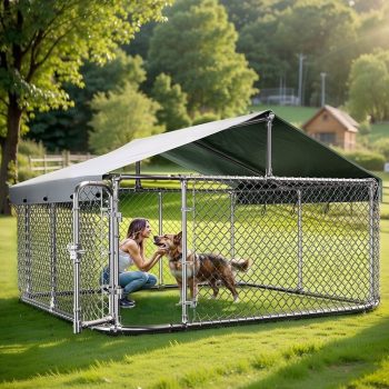 DOMIPET 10 x 10FT Outdoor Dog Kennel with Waterproof Roof, Heavy Duty Shade Dog Cage Pet Kennel House, Dog Enclosure for Outside, Dog Fence Playpen Weatherproof Shelter