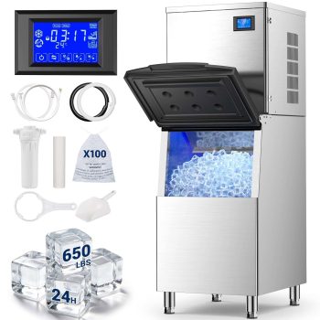 Ecojoy Commercial Ice Maker Machine 650Lbs/24H with 500LBS Large Storage Bin, ETL Approval, Auto Cleaning Mode & Timing Function, Air Cooled Commercial Ice Maker for Restaurant/Bar/Cafe/Business