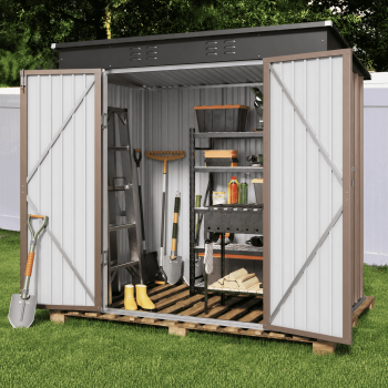 Asofer 6×4 FT Galvanized Metal Outdoor Storage Shed, Lockable Double Door Utility Shed, All-Weather Waterproof Anti-Corrosion Steel Garden Storage Building for Backyard Patio Lawn, Brown